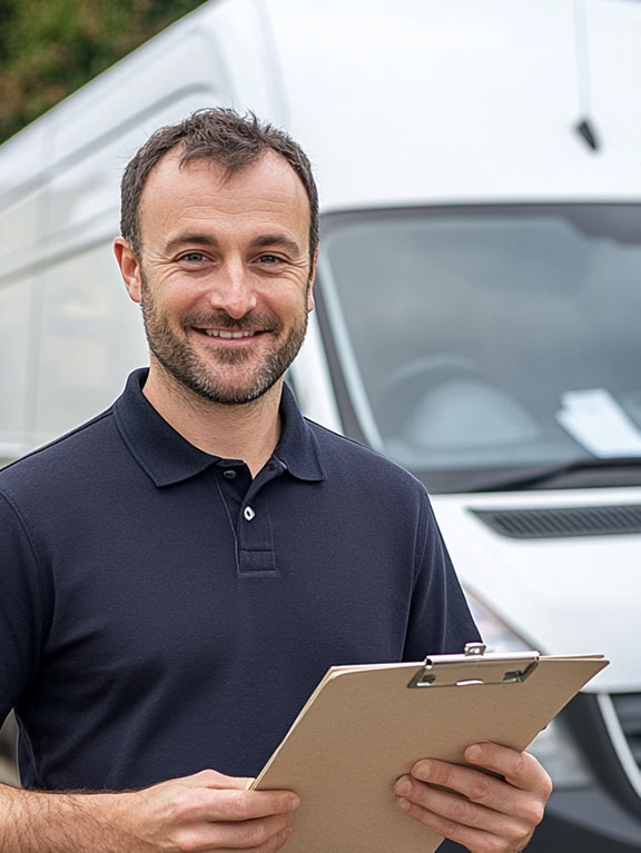 a man holding a clipboard, standing in front of a white van in Weymouth